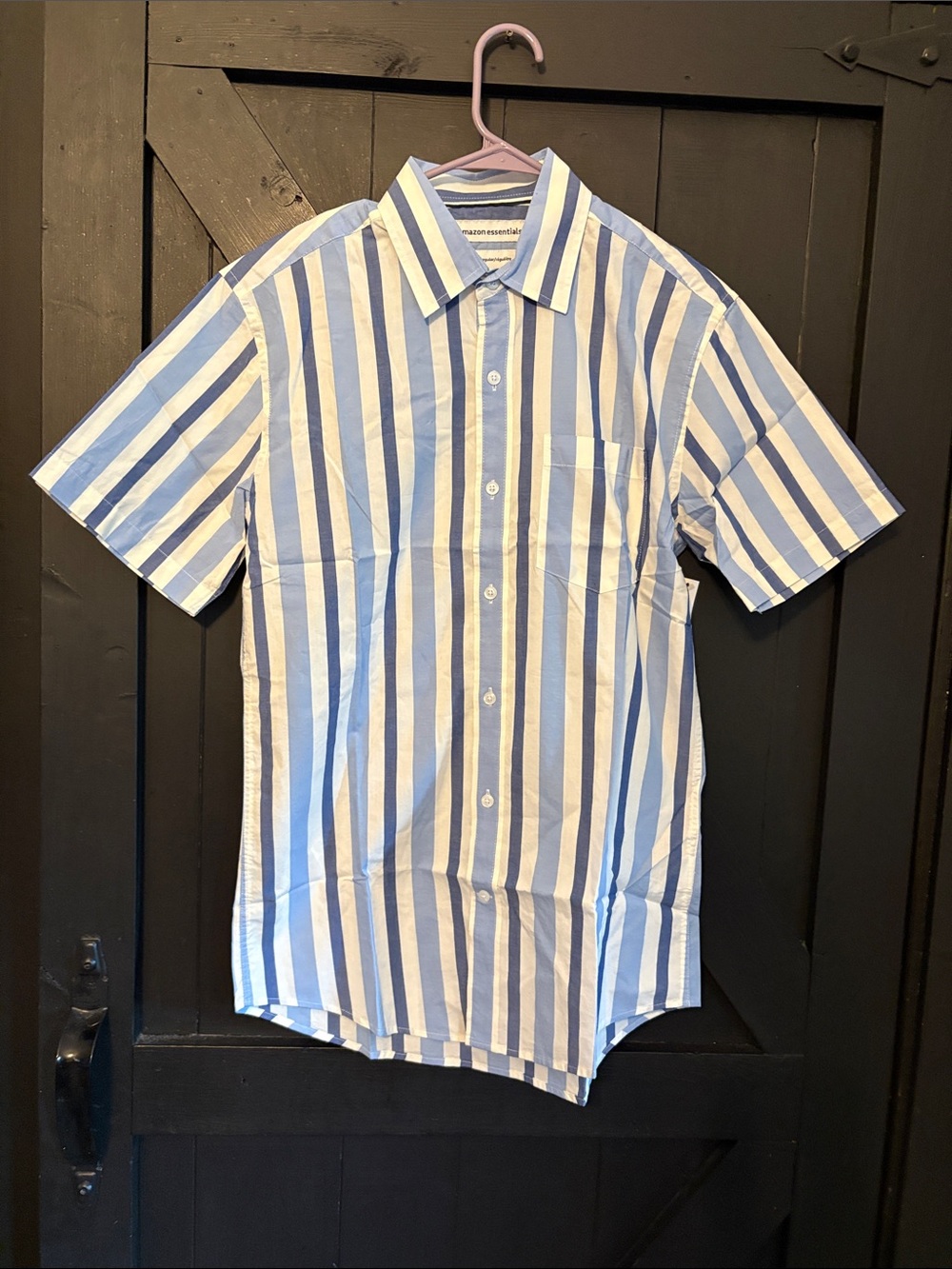 Amazon Essentials Blue and White Vertical Stripe Short-Sleeve Shirt